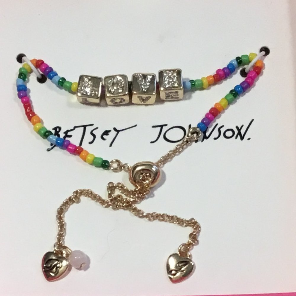NIB Betsey Johnson LOVE Rainbow Beaded Bracelet Gold with Rhinestones